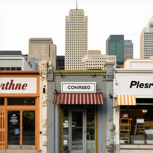 Cityscape of Oakland with local businesses and SEO icons