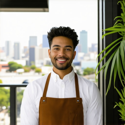 Business owner working on laptop with Oakland cityscape in background