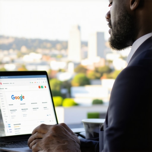 Consultant optimizing Google Business Profile on laptop with Oakland skyline