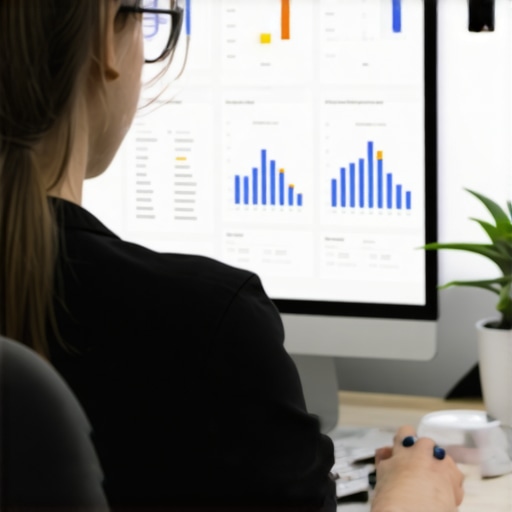 Person analyzing local SEO data on a computer with charts and review metrics in an office