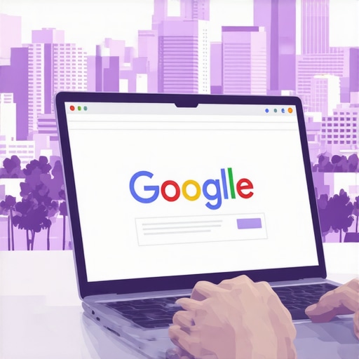 Business owner working on Google Maps optimization with Oakland cityscape