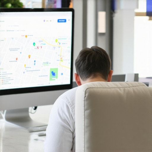 Business owner optimizing Google Business Profile on a laptop with maps and local SEO icons.