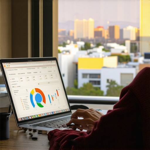 A digital marketer reviewing local SEO analytics on a laptop with Oakland skyline behind.