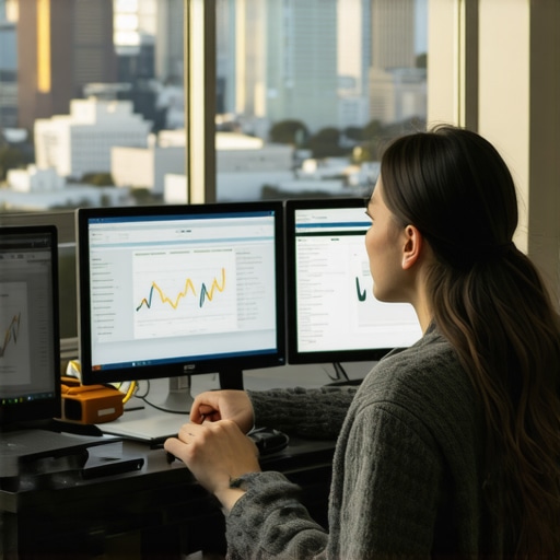 A marketer analyzing SEO metrics with Oakland city visible on screens.