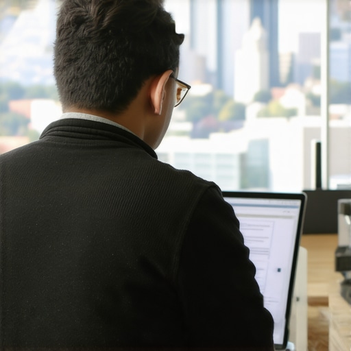 Person using laptop to analyze local SEO data with Oakland skyline in background.