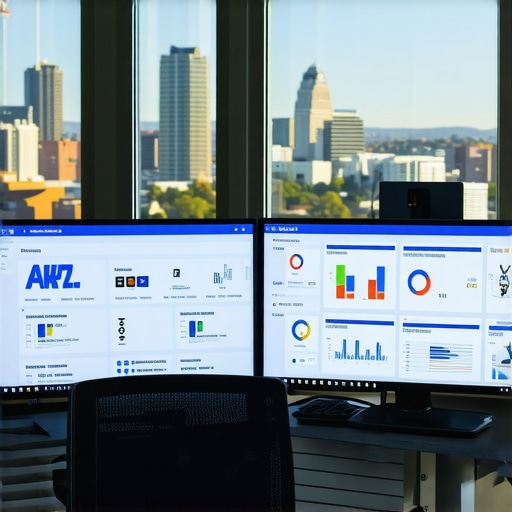Close-up of computer screens showing local SEO analytics with Oakland in the background.
