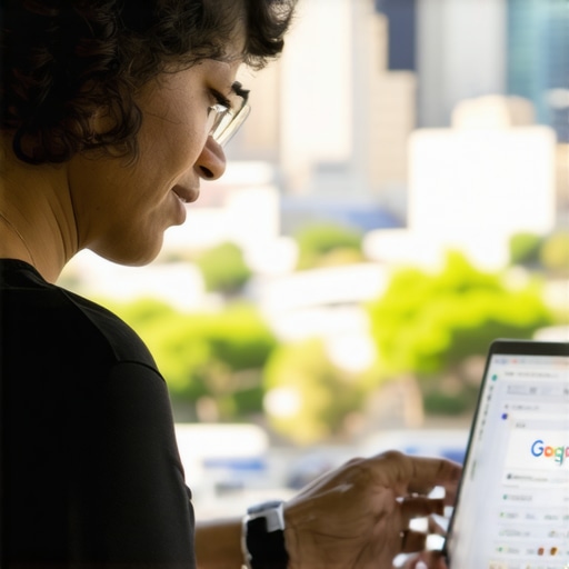 Oakland business owner working on Google My Business profile in front of cityscape.