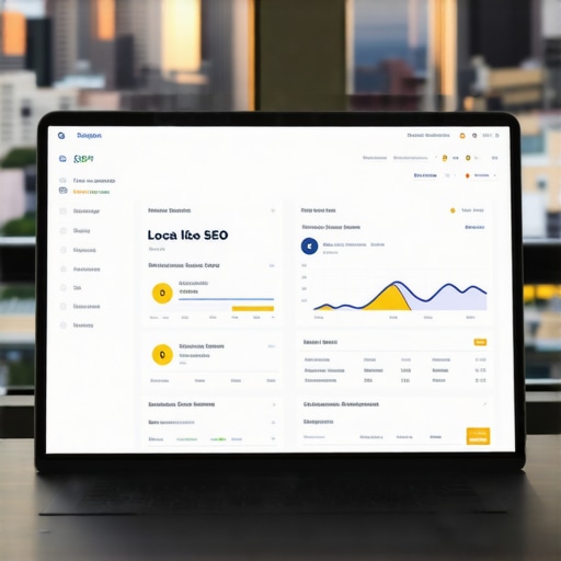 Laptop showing SEO analytics and tools with Oakland cityscape