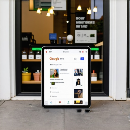 Business owner updating Google My Business profile on tablet with nearby storefront in Oakland background.
