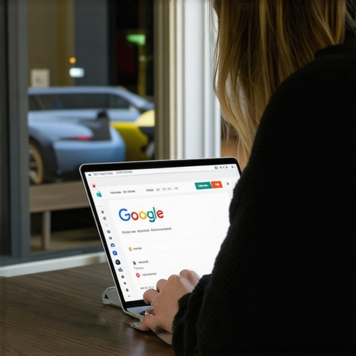 Person updating Google Business Profile on laptop with Oakland storefront visible in background.