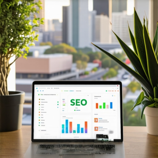 A workspace with SEO tools open on a laptop, Oakland cityscape in the background, representing local SEO efforts.