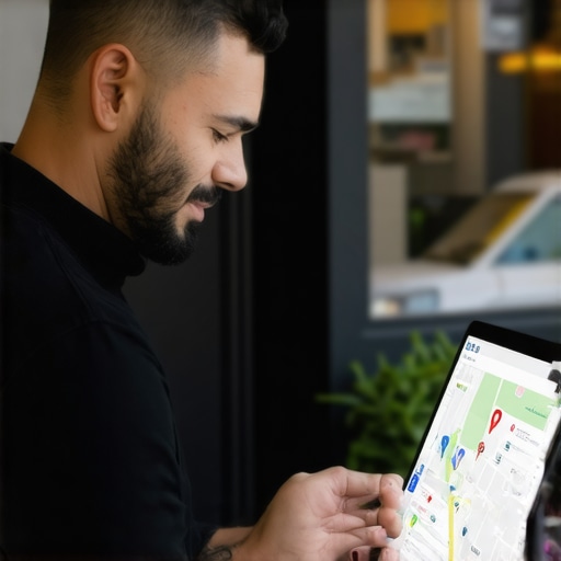 Business owner working on Google Maps profile with Oakland storefront in the background