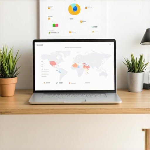 Laptop showing SEO analytics dashboards with maps and review metrics