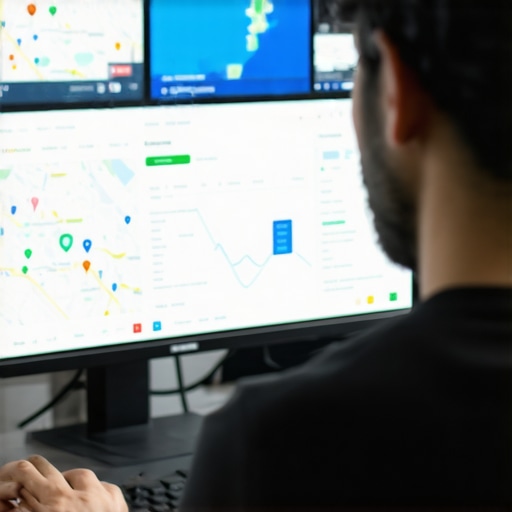 Business owner reviewing SEO analytics and maps on computer