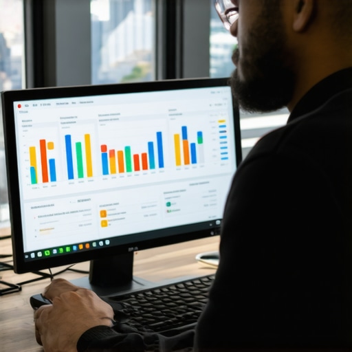 Digital Marketer Analyzing Oakland SEO Metrics Person reviewing SEO data on a laptop with Oakland skyline visible