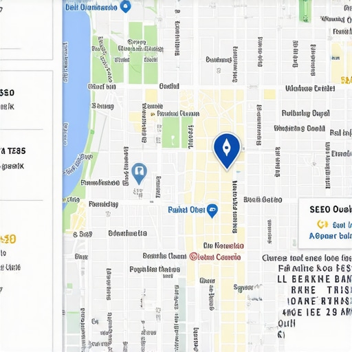 Map illustration showcasing a small Oakland business highlighted in local search results with SEO indicators.