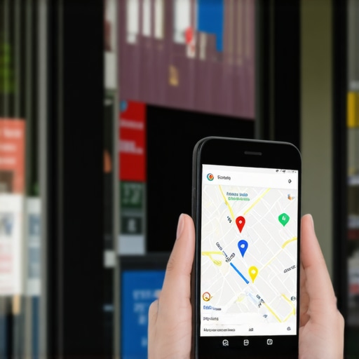 Oakland Storefront with Google Maps Integration A vibrant Oakland storefront with a smartphone displaying Google Maps and local business information