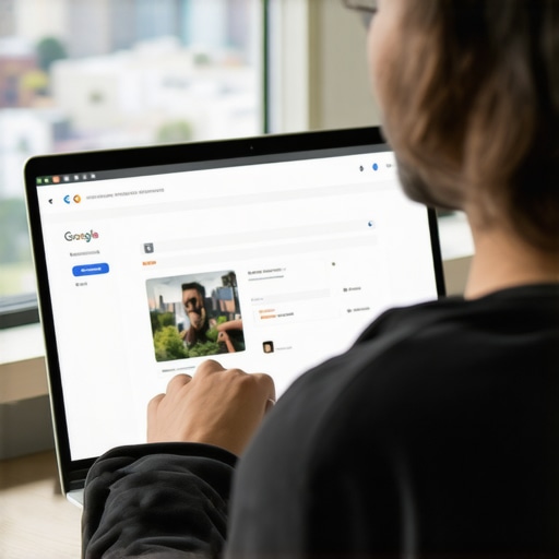Person updating Google Business Profile on laptop with Oakland skyline behind.