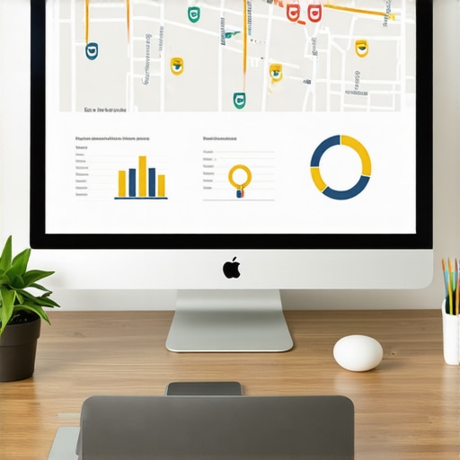 SEO Tools in Action for Oakland Business A desk with a laptop showing maps and analytics dashboards for local SEO