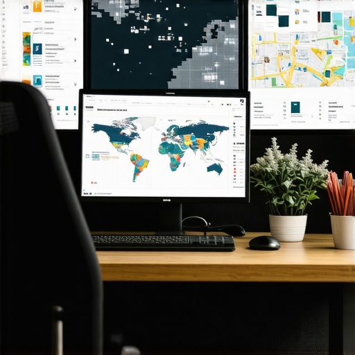 A modern office setup displaying analytics dashboards for local SEO performance.