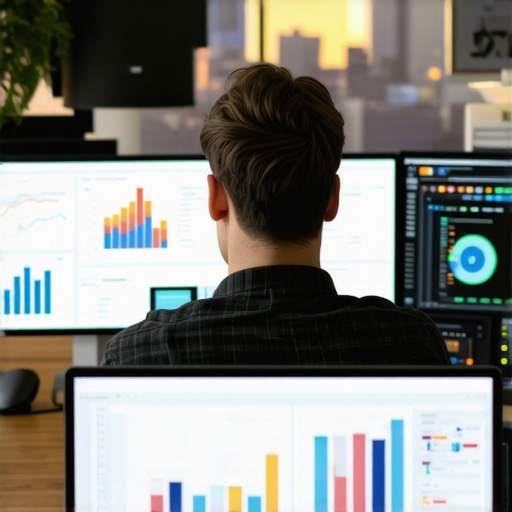 Digital marketer analyzing SEO data with Oakland skyline in the background