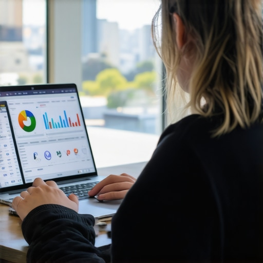 Person analyzing SEO analytics on laptop with Oakland skyline in background