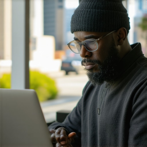 Business owner editing Google My Business profile on a laptop with Oakland skyline