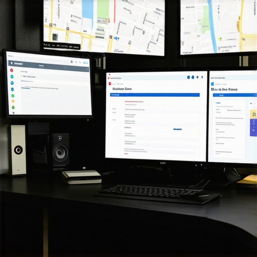Screens displaying SEO analytics, maps, and content tools for local Oakland SEO management.
