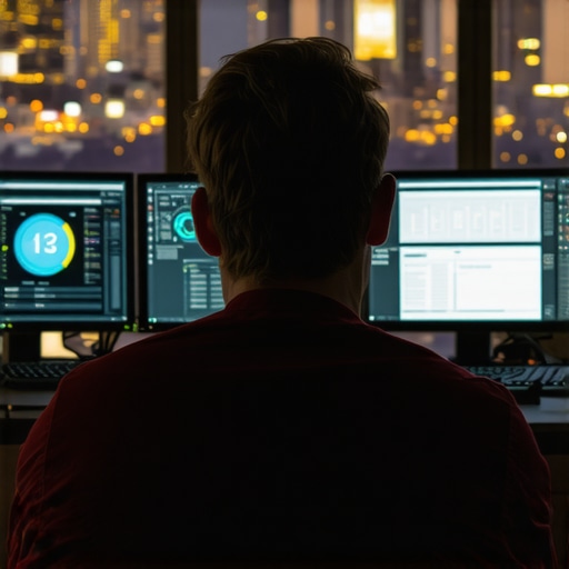 Person analyzing SEO data on multiple screens with Oakland skyline background