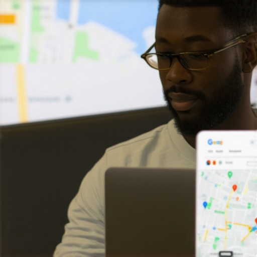 Business owner updating Google Business Profile on laptop with Oakland map in background.